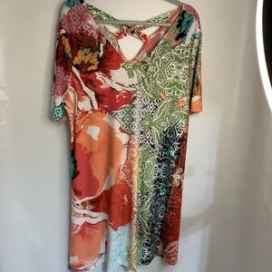 Chicos Dress Multi‎ And Pink Floral Size 3P US XL SS Sexy Geometric Long